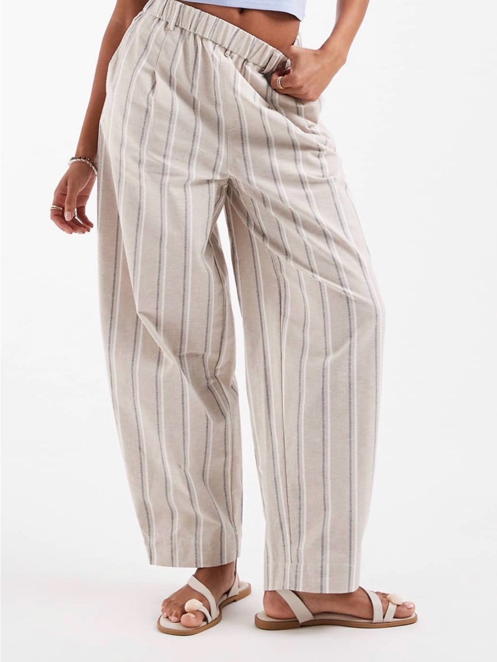 ASOS Cotton Striped Relaxed Barrel Leg Pants - Beige